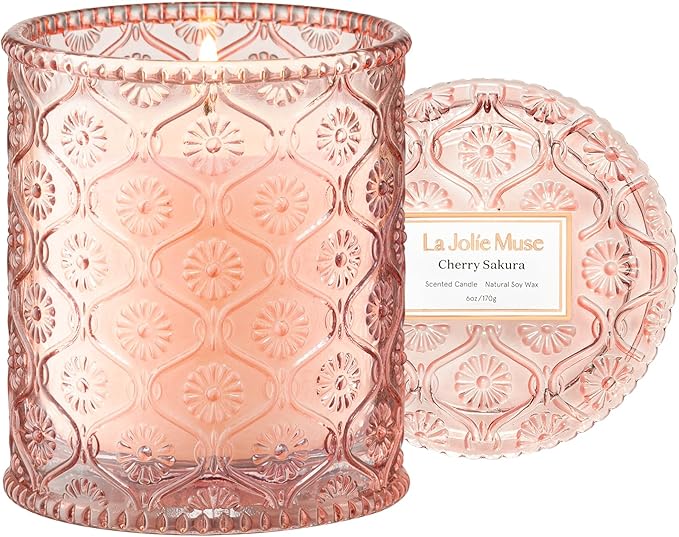 LA JOLIE MUSE Cherry Sakura Candle - Cherry Blossom, Rose, Sandalwood | 6 oz Natural Soy Wax | 40 Hours Clean Burn | Floral Scented Candle | Gift-Ready for Hosts & Gatherings