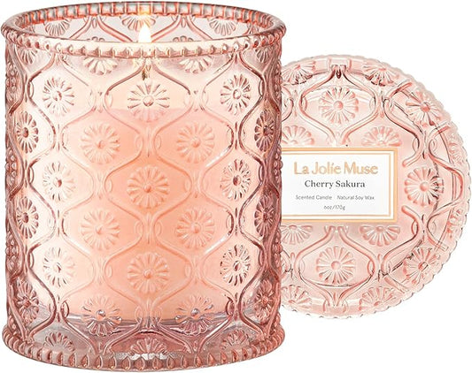 LA JOLIE MUSE Cherry Sakura Candle - Cherry Blossom, Rose, Sandalwood | 6 oz Natural Soy Wax | 40 Hours Clean Burn | Floral Scented Candle | Gift-Ready for Hosts & Gatherings