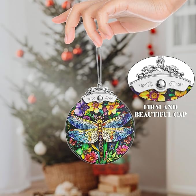 Christmas Tree Ornaments 3 Inch Clear Glass Blanks Round Print Ornament Christmas Hanging Decorative with Silver Ribbon (Dragonfly)