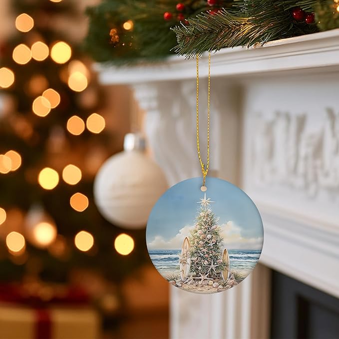 Coastal Beach Christmas Ceramic Ornament Gifts, Ocean Beachy Seashell Christmas Decorative Hanging Ornaments for Xmas Tree Holiday Party Decoration, Coastal Beach Xmas Tree Decorations