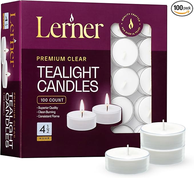 Lerner Clear Tea Lights Candles Bulk - 4.5 Hour Clear Cup Tealight 100 Pack - Consistent Smkless Clean Burning - Holiday, Wedding, Spa, Emergency and Home Decoration Candles
