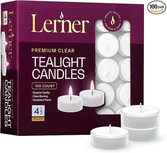 Lerner Clear Tea Lights Candles Bulk - 4.5 Hour Clear Cup Tealight 100 Pack - Consistent Smkless Clean Burning - Holiday, Wedding, Spa, Emergency and Home Decoration Candles