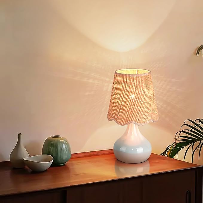 Light Blue Boho Small Table Lamp for Small Spaces, Small Rattan Shade Bedside Lamp for Bedroom, Cute Nightstand Light for Bedside, Kitchen Counter, Bookshelf Lamp, Home Office, Living Room, Dorm
