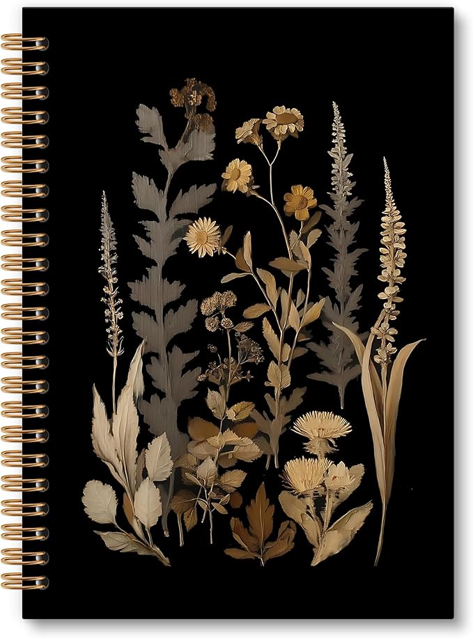 Dark Botanical Notebook Journal - Black Moody Notebook, Vintage Botanical Cottagecore Spiral Notebooks, Vintage Notebooks Gifts for Women, Dark Academia School Office Supplies, 6x8.2In