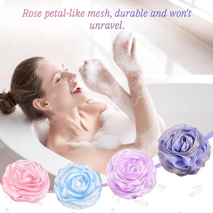 Bath Loofah, Shower Sponge, Body Scrubber, Rose-Shaped, Elegant (Set of 4 Pieces)