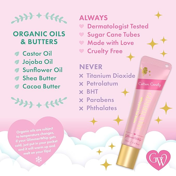 Glimmer Wish Glimmer Whip Hydrating Lip Balm – Organic Castor & Jojoba Oils, Shea & Cocoa Butters – Vegan, Non-Toxic, Moisturizing Lip Care (Cotton Candy)