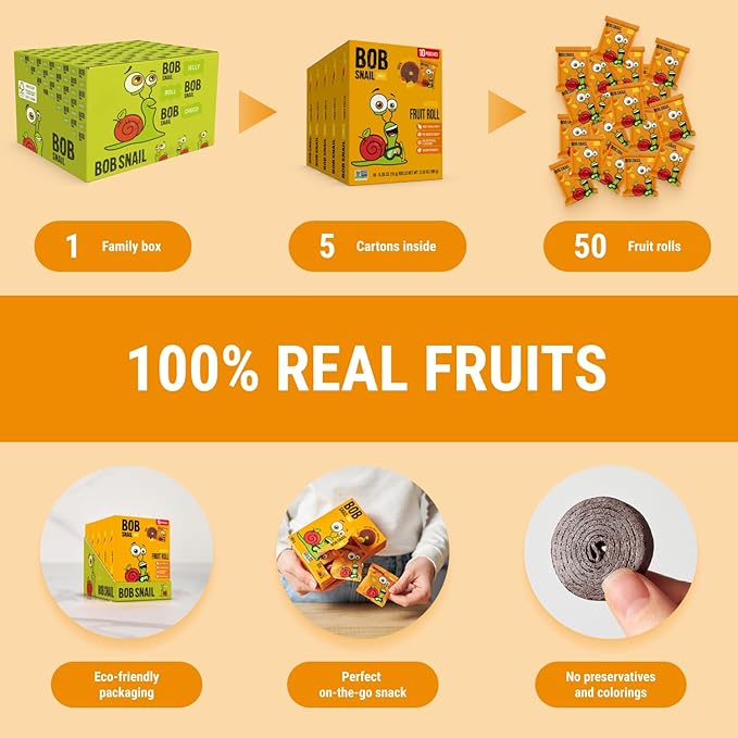 Bob Snail Fruit Roll Ups – Healthy Sweets Snacks, Real Dried Fruits, No Added Sugar, Vegan, Nut Free, Candy for Adults, Kids, with – Bulk 50 pcs Rolls, 500g (Mango)