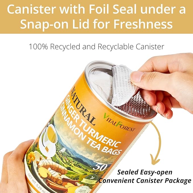 50 Premium Turmeric Ginger Cinnamon Tea Bags| Vitalforest Natural Ginger Tea Bags| Pure Turmeric Tea| Herbal Cinnamon Tea| Supports Digestion, Caffeine Free