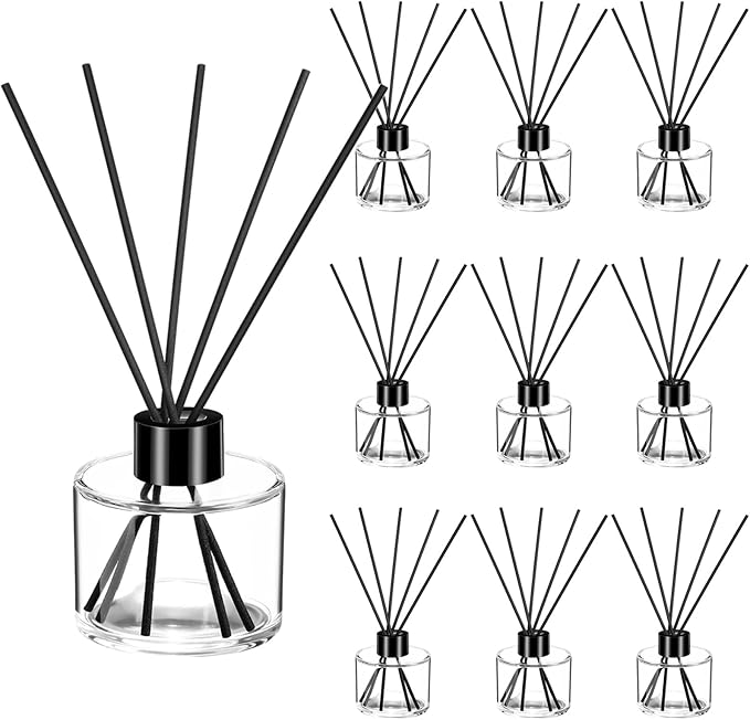Chunful 10 Sets Reed Diffuser Bottle Empty Refillable Fragrance Glass Diffuser Bottles 100ml Round Glass Jars with Black Caps and Rattan Sticks for Living Room Home Replacement Fragrance DIY Decor