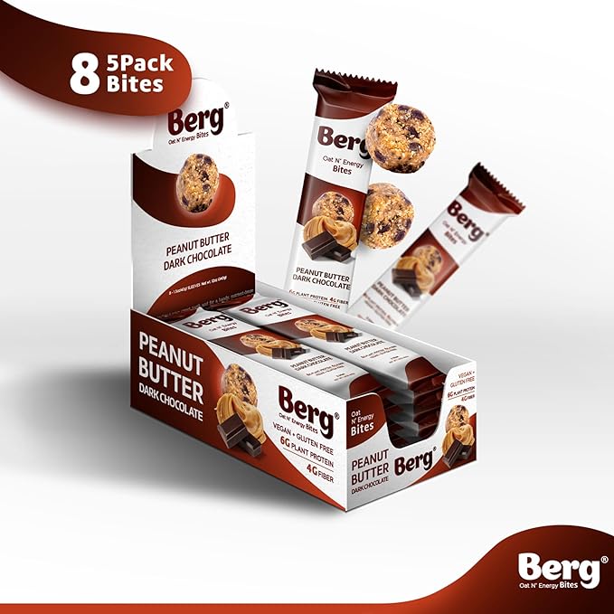 Berg Oat N' Energy Bites - Peanut Butter & Dark Chocolate - Non-GMO, Gluten Free, Dairy Free, Soy Free and Vegan - Clean Energy Snack - 1.5oz, (8 Pack)