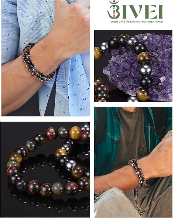 Bivei Natural Gemstone Semi Precious Healing Crystals Handmade Stretchy Round Beads Bracelet, Enhance Positive Energy