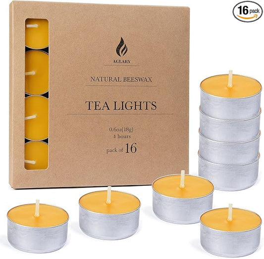 16-Pack Pure Beeswax Tealight Candles in Aluminum Cups - 4-5 Hour Burn Time, Lead-Free Cotton Wick, Natural Unscented Candles