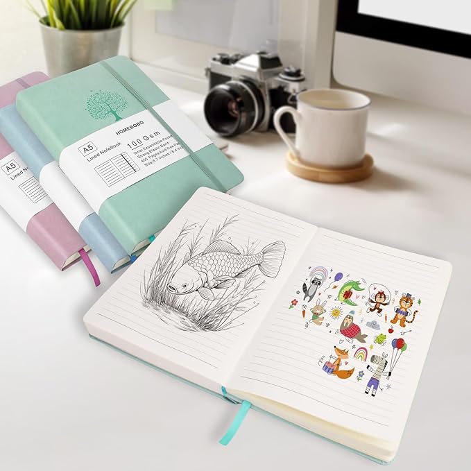 Journals for Writing, A5 Leather Ruled Notebook with 400 Pages, 100 Gms College Ruled Journal with Thick Paper, Hardcover with Inner Pocket & Pen Holder, Bluish Green