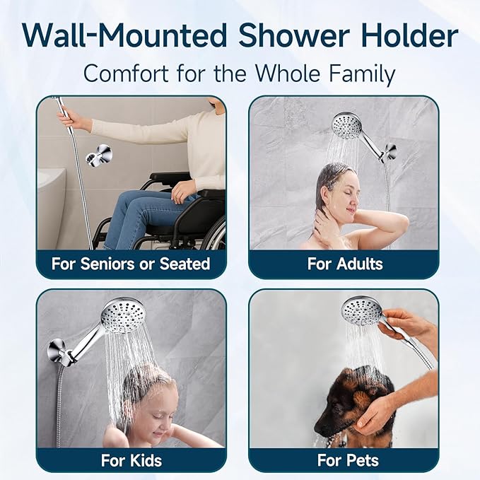 BRIGHT SHOWERS Handheld Shower Head Holder with Dual Angle Positions, Wall Suction Bracket Includes Adhesive 3M Disc, No Tools Required and Easy Installation, Chrome Finish