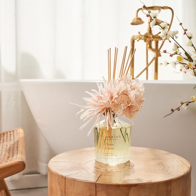 COCORRÍNA Reed Diffuser - Clean Linen 8.5oz Flower Reed Diffuser Set with 8 Sticks, Home Fragrance Reed Diffuser for Home Bedroom Office Bathroom Shelf Decor (Master Collection)