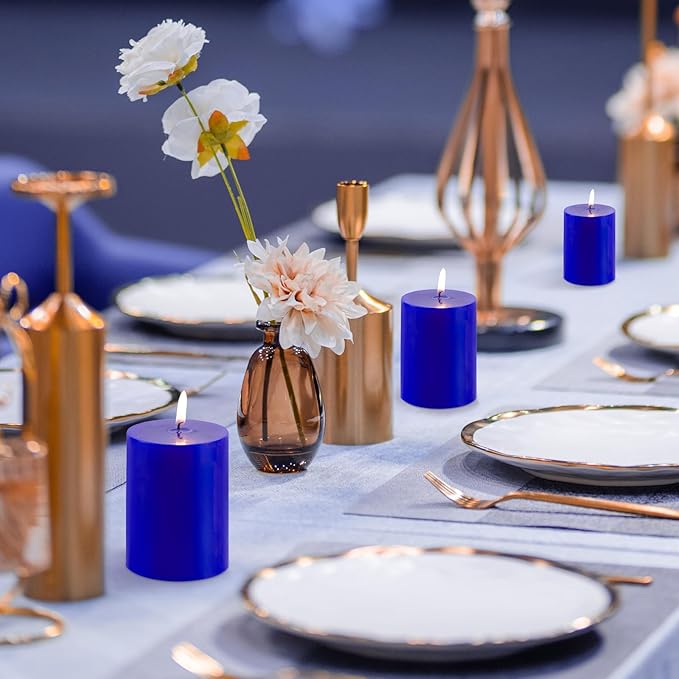 KONNI Classic Blue Pillar Candles Set of 3, 3"x 4" Unscented Pillar Candles Bulk, 42 Hours Long Burning Candles, Smokeless&Dripless Large Round Candle for Wedding, Home Decoration, Parties, Spas