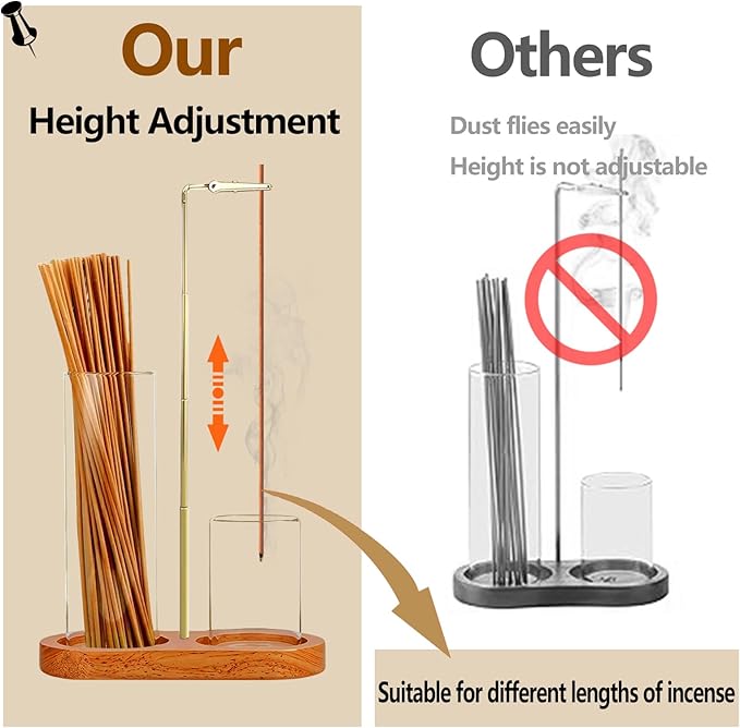 2 in 1 Incense Holder for Sticks(Height Adjustable), Anti-Ash Flying Insence-Sticks Burner with Glass Incense Holder Organizer for Meditation Yoga Spa Home Decor Sage (Golden Metal Rod)