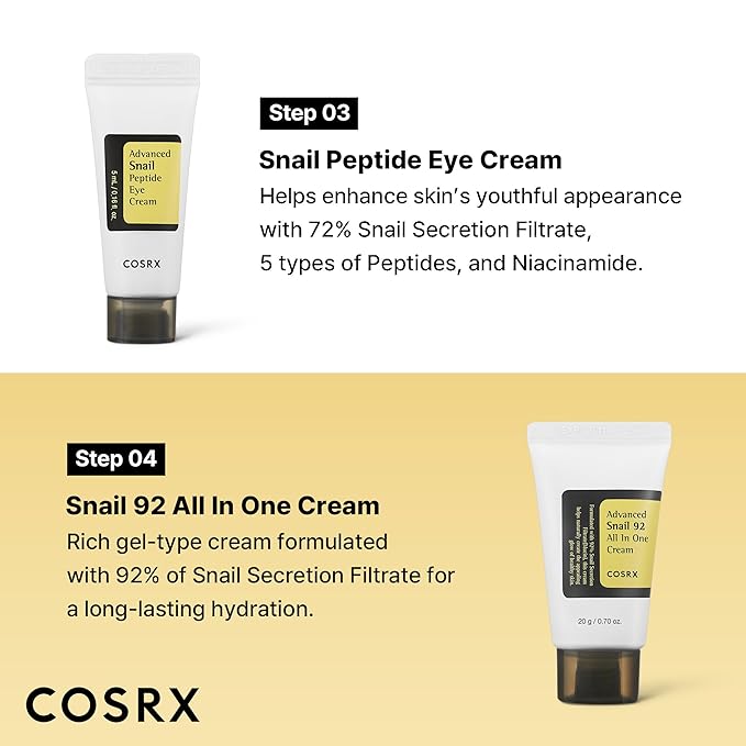 COSRX All About Snail Mucin Korean Skin Care Set, Mini Travel Essentials, Travel Size Gift Set with Snail Mucin Face Wash, Serum, Moisturizer & Eye Cream, Rejuvenating Kit