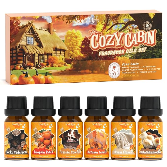 Fall Cozy Cabin Fragrance Oils Set, Essential Oil for Diffuser, Use for Soap Candle Making-Smoky Cedar Wood, Roasted Marshmallows, Autumn Leaves, Warm Flannel, Fireplace Time, Pumpkin Patch