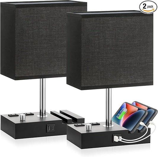 Fully Dimmable Bedside Lamps for Bedroom with USB C Ports, Kakanuo Black USB Table Lamp Set of 2, Wooden Desk Lamp with 2 Charging Outlets and Phone Stand for Nightstand and Living Room, Bulb Included