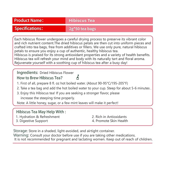 Samcci - Hibiscus Tea Bags, 50 Teabags - Premium dried hibiscus flower for tea - flor de jamaica natural - Non-GMO - Caffeine-free - Rich in Antioxidants & Support Digestion