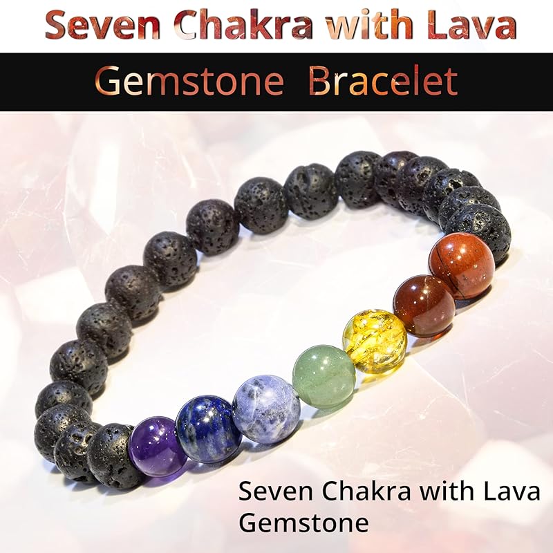 Lava Rock 7 Chakra Bracelet, Natural Healing Crystal Bracelet for Women and Men, 8mm Round Beaded Bracelet for Spiritual, Protection, Positive Energy, Elastic Adjustable Size Gemstone Bead Bracelet