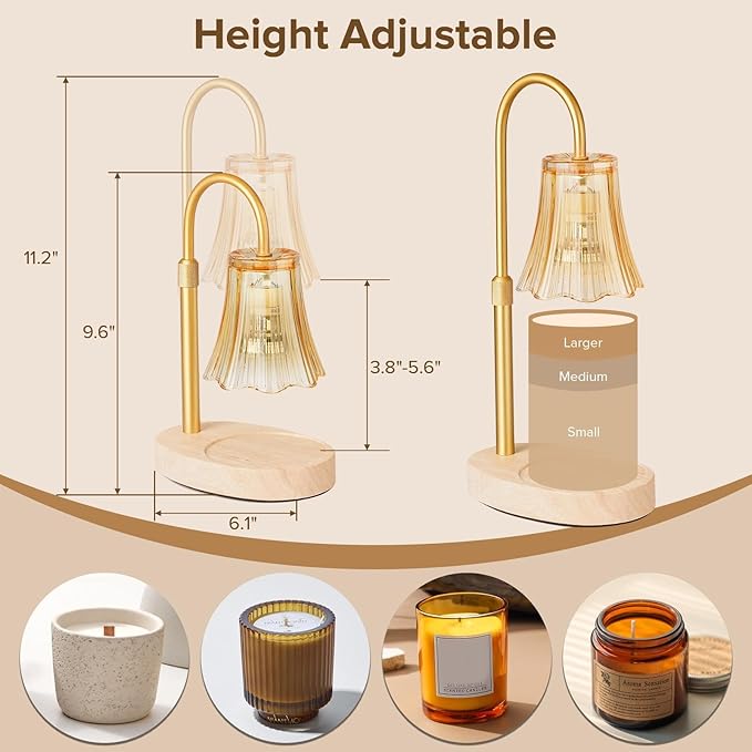 Candle Warmer Lamp with Timer, 4-Level Dimmable & Height Adjustable,Wax Melt Warmer for Jar Candles, Unique Design Enhances Home Ambiance (Amber)