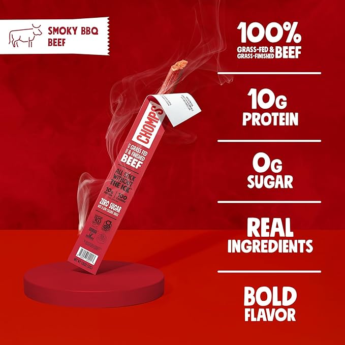 Chomps Grass-Fed and Finished Smoky BBQ Beef Jerky Snack Sticks 10-Pack - Keto, Paleo, Whole30, 10g Lean Meat Protein, Gluten-Free, Zero Sugar Food, Non-GMO