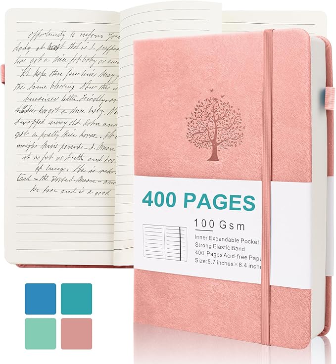 Journals for Writing, A5 Leather Ruled Notebook with 400 Pages, 100 Gms College Ruled Journal with Thick Paper, Hardcover with Inner Pocket & Pen Holder, Pink