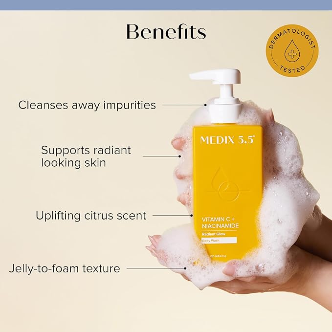 MEDIX Vitamin C Body Wash + Retinol Body Lotion Crepey Skin Moisturizer 2PC Set | Anti Aging Retinol Body Cream + Gel Body Cleanser Skincare Set For Women, Men, & Firmer Looking Skin, 2PC