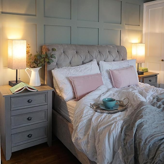 GGOYING Bedside Table Lamp, Pull Chain Bedroom Lamp with USB C+A Charging Ports, 2700K LED Bulb, Linen Lampshade, Nightstand Lamp for Living Room Bedroom Office