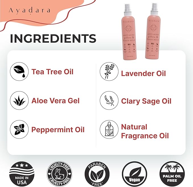 Anti-Acne Pillow & Linen Mist, Tea Tree Essential Oil & Lavender Spray for Pillow, Sheets, Blanket, & Duvet, Relaxing Pillow Aromatherapy Mist Freshener, 1000+ Sprays, 4 fl oz