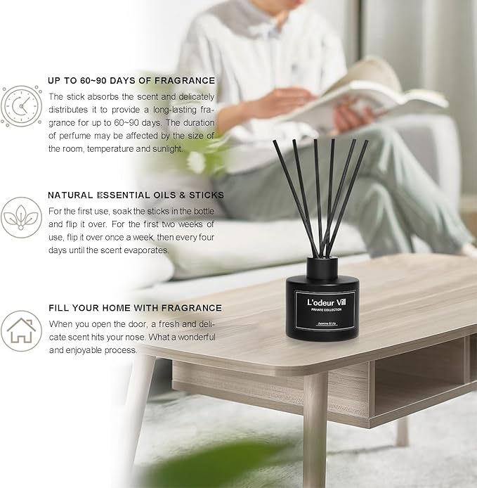 L'odeur Vill Reed Diffuser, 3.4oz(100ml) Jasmine & Lily Reed Diffuser Set with 6 Oil Diffuser Sticks, Matte Black Aroma Scent Diffuser, Long Lasting Home Fragrance for Bathroom Shelf Decor
