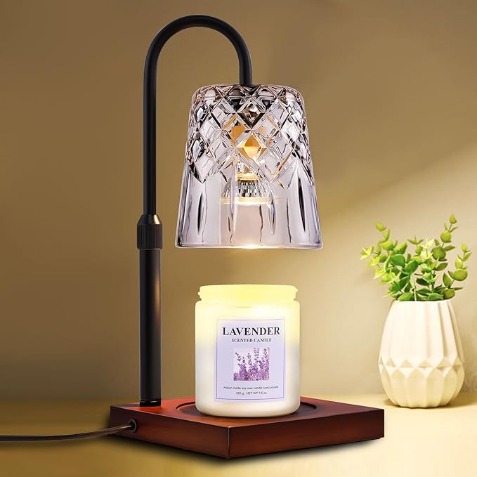 Candle Warming Lamp with Timer Dimmer, Adjustable Height Electric Wax Melt Warmer for Jar Candles with 3 Bulbs, Mother's Day Women's Home Decor Gift, Square Base with Black Pole