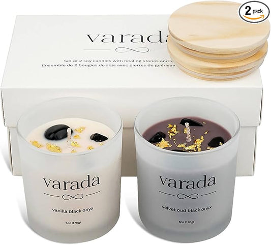 Aromatherapy Soy Candle Gift Set. 24K Gold Foil and Black Onyx -80 Hours of Clean Burn. Vanilla and Velvet Oud. Stess Relief. Relaxation. Manifestation. Birthday. Appreciation.