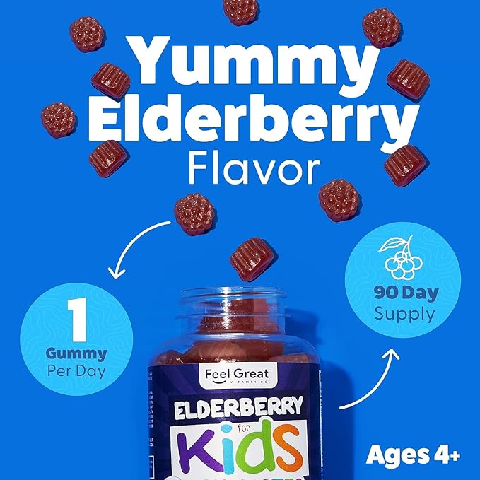 Feel Great Kids Elderberry Gummies with Zinc and Vitamin C (2-Pack) | Immune Support Sambucus Elderberry | Berry Flavored Vegan Multivitamins | 90 Count