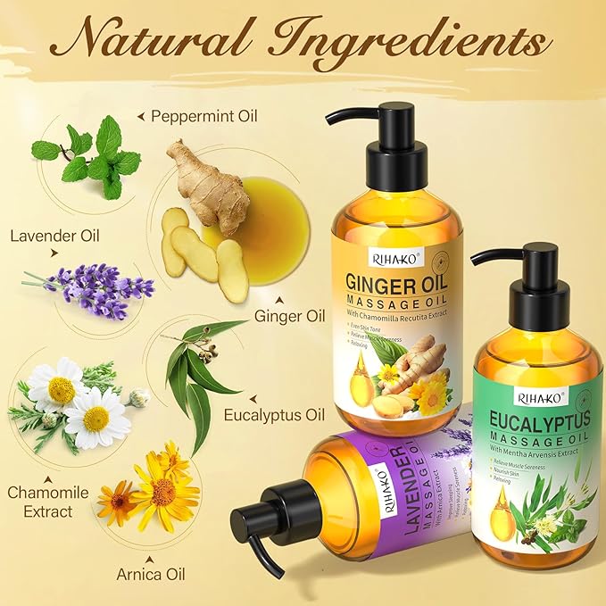 3 Pack Massage Oil for Massage Therapy,Ginger for Lymphatic Drainage, Lavender for Relaxation, Eucalyptus Mint for Muscle Relief | Massage Therapy & Date Night Spa Gift with Massage Ball for Him & Her