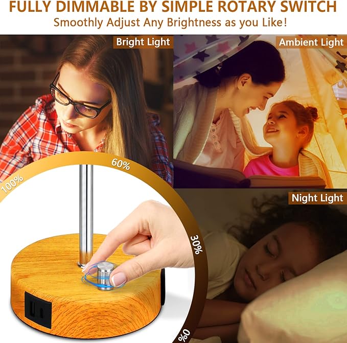 HiBay 17.75" H Dimmable LED Bedside Table Lamps Set of 2 with USB Charging Ports & AC Outlet, Modern Wood-Grain Nightstand Lights for Bedroom, Office, Living Room, Kids Room, E26 Bulb Included