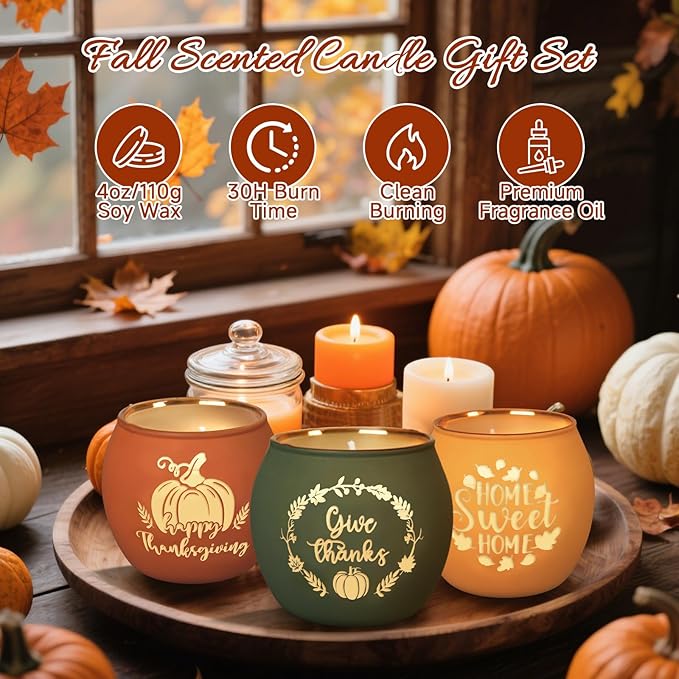 Lanpn Fall Thanksgiving Scented Candles Gift Set, 4 Pack 16oz Fall Aromatherapy Candle, Glass Jar Candles for Woman Man, Autumn Pumpkin Fragrance Table Farmhouse Decoration Tabletop Centerpiece