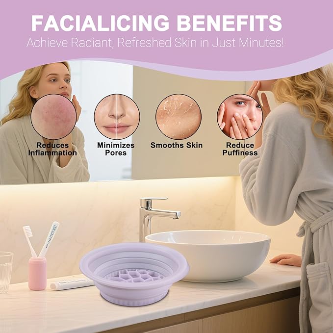 Face Bowl for Ice with Built-in Ice Tray – Collapsible Silicone Facial Ice Bath Bowl for Cold Plunge Therapy, Acne Relief & Skin Tightening – Purple Home, Camping & Travel Portable Spa Tool
