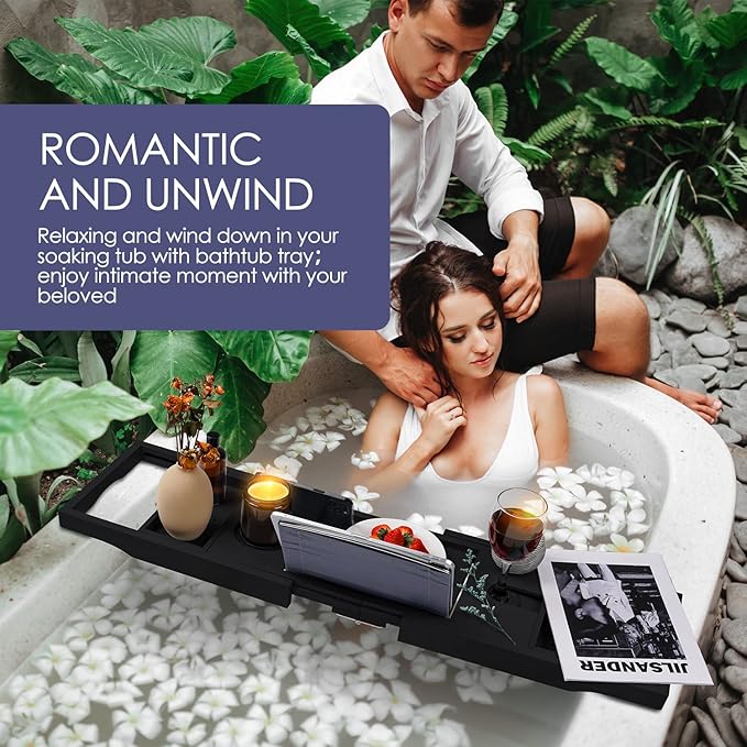 Foldable Bathtub Caddy Tray, Bamboo Bath Tub Tray Table for Tub with Wine Glass Holder Book Phone Tablet Holder with Extending Sides, Adjustable Bathroom Bathtub Free Soap Holder Gift Idea (Black)