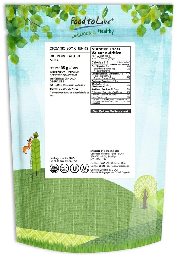 Food to Live Organic Soy Chunks 3 Ounces, – Unsalted Nuggets, High Protein. Plant-Based. Meat Alternate Substitute. Non-GMO. Vegan, Kosher, Bulk