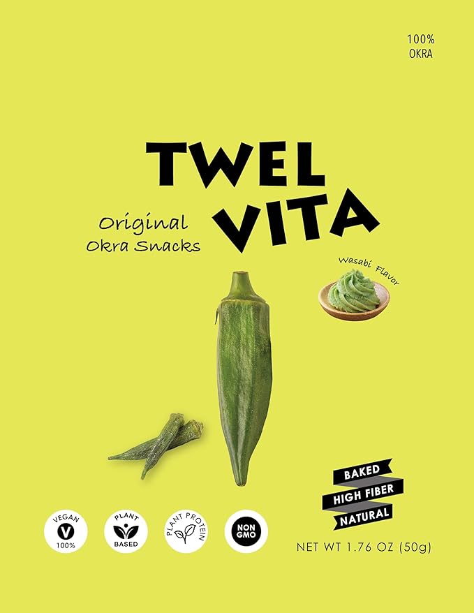 TwelVita Wholesome Baked Wasabi Okra Crisps, Vegan Snacks, Clean Label, Non-GMO, Gluten-Free, 1.76 oz ea, Pack of 4