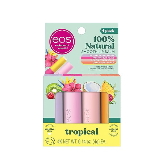 eos 100% Natural Lip Balms - Raspberry Kiwi Splash, Passionfruit Agave, Coconut Sugarcane, & Guava Berry Punch, All-Day Moisture Lip Care, 0.14 oz, 4-Pack