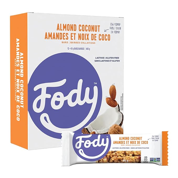 Fody Foods Snack Bars, Almond Coconut, 1.41 Oz (Pack of 12), 6g Protein, Low FODMAP, Gut & IBS Friendly, Vegan, Lactose Free, Non-GMO, Gluten Free