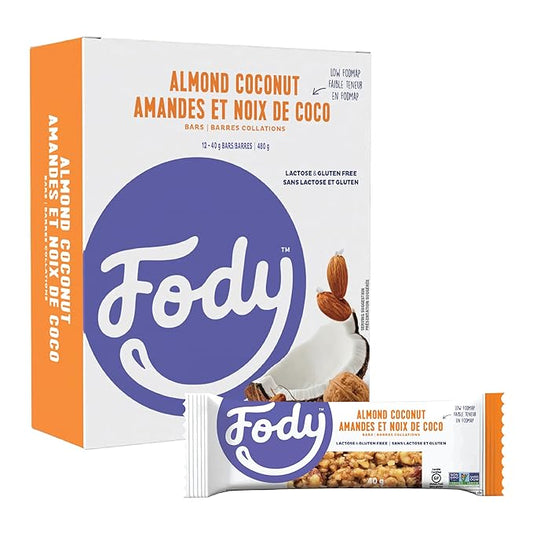 Fody Foods Snack Bars, Almond Coconut, 1.41 Oz (Pack of 12), 6g Protein, Low FODMAP, Gut & IBS Friendly, Vegan, Lactose Free, Non-GMO, Gluten Free