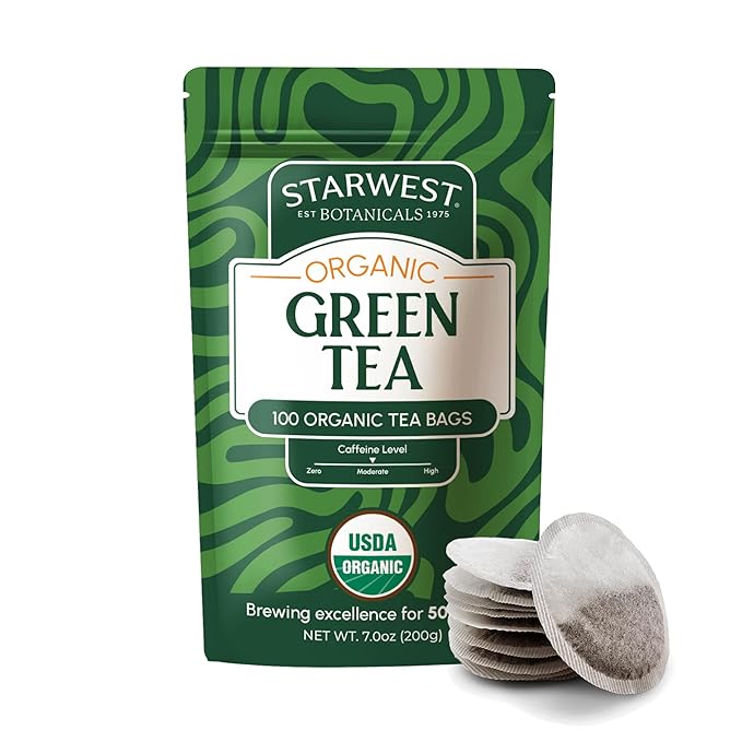 Starwest Botanicals Organic Green Tea - Caffeinated Herbal Tea, Contains Caffeine, Tea with Antioxidant Properties, USDA Organic Green Tea Leaf, Non GMO - Bulk Pack, 100 Tea Bags