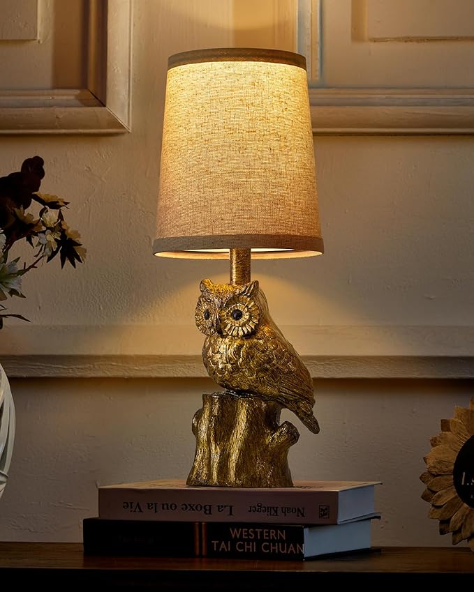 14.25" Small Table Lamp for Living Room Farmhouse Bedside Resin Single Lamp with Gold Owl Lamp Shape for Bedroom Retro Rustic Nightstand Lamp