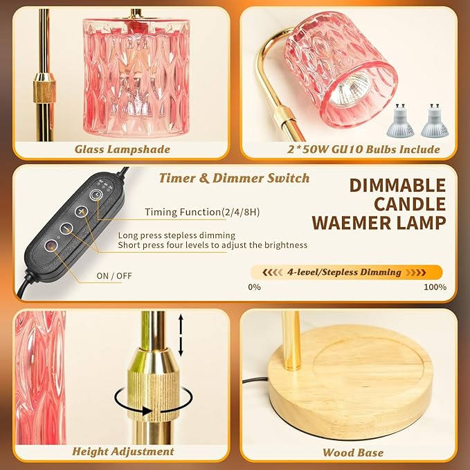 Pink Candle Warmer Lamp with Timer and Dimmable, Height and Brightness Adjustable, Birthday Gifts for Women Mom, Electric Wax Melt Warmer For Scented Jar Candles, New Home Bedroom Decor Aesthetic