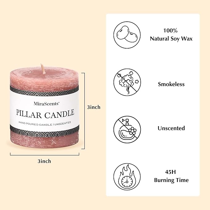 3x3 Inch Brown Pillar Candles Set of 3 - Unscented Candles, Long Clean Burning, Large Big Candle, Smokeless Dripless Pillar Candle for Dinner Table, Wedding, Home, Bathroom, Rustic Decor